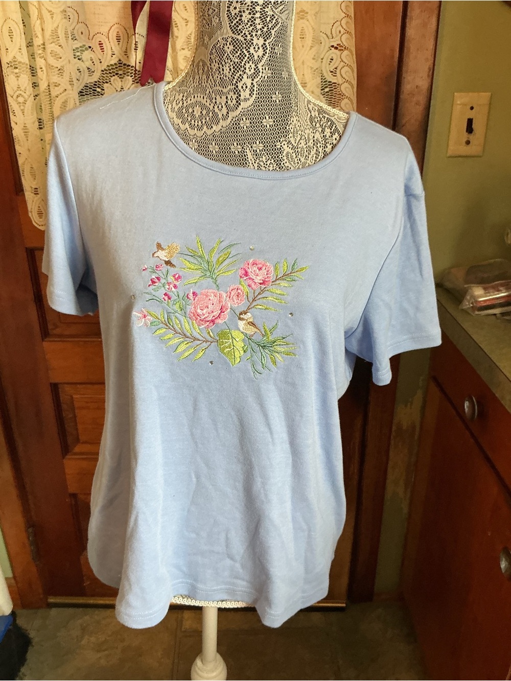 Light Blue Short-Sleeve Tee with Pink Floral Embroidery